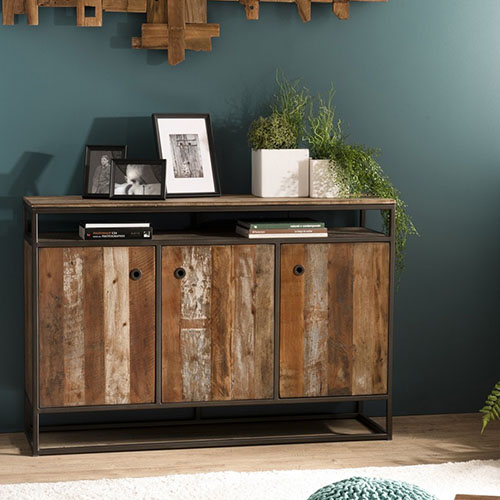 Buffet 3 portes 1 étagère en teck recyclé acacia et métal - Athena