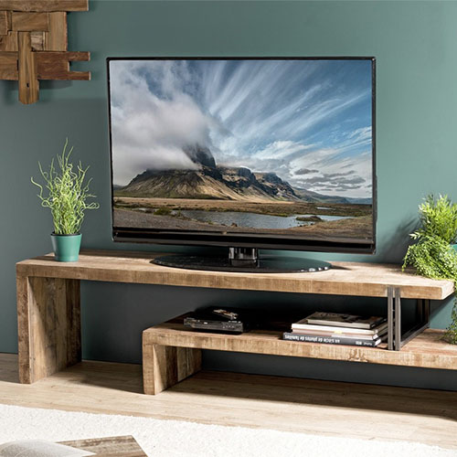 Meuble TV 2 niveaux en teck recyclé acacia et métal - Athena