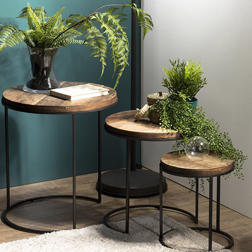 Set de 3 tables rondes gigognes en teck recyclé acacia et métal - Athena