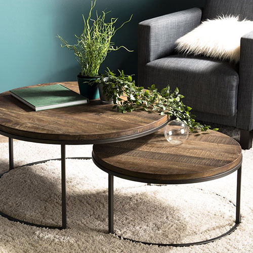 Set de 2 tables basses gigognes en teck recyclé acacia et métal - Collection Sixtine