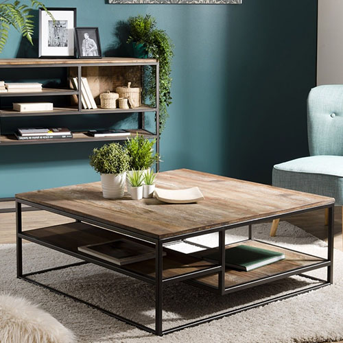 Table basse carrée en teck recyclé acacia et métal - Athena