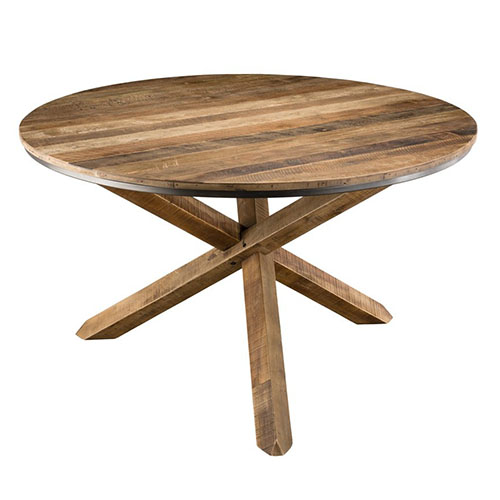 Table à manger ronde piètement croisé en teck recyclé et acacia - Athena