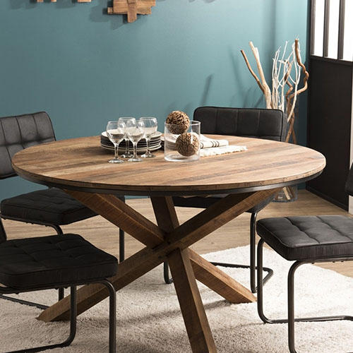 Table à manger ronde piètement croisé en teck recyclé et acacia - Athena