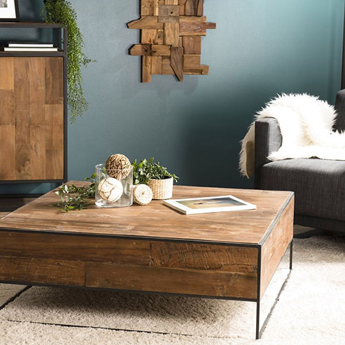 Table basse carrée 100x100cm en teck recyclé et métal - Athena