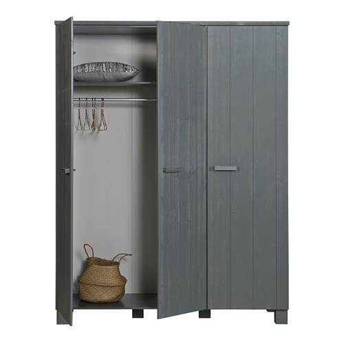 Armoire 3 portes en pin massif gris anthracite - Dennis
