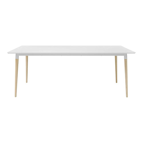 Table à manger 4 personnes en melamine blanc piètement en chêne naturel - Collection Olivia
