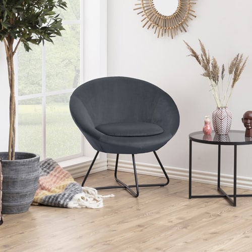 Fauteuil rond en velours gris anthracite piètement métal - Collection Center