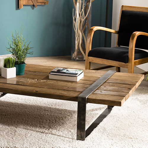 Table basse multi-planches en bois massif et métal - Collection Mathis