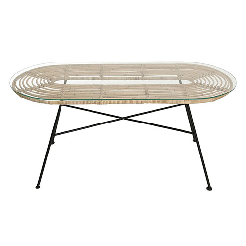 Table basse ovale en rotin plateau en verre piètement métal - Camille
