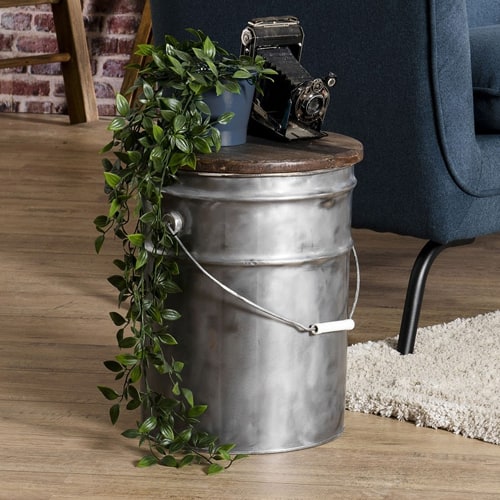 Tabouret rond bidon acier et bois recyclé - Collection Nora