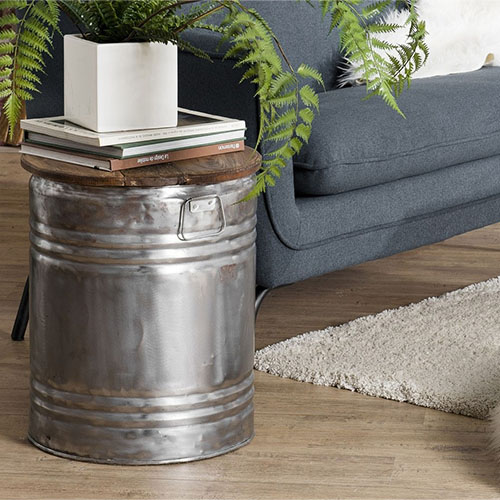 Table d'appoint ronde bidon acier et bois recyclé - Nora