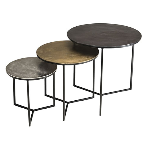 Set de 3 tables gigognes en aluminium noir doré argenté piètement métal - Collection Johan