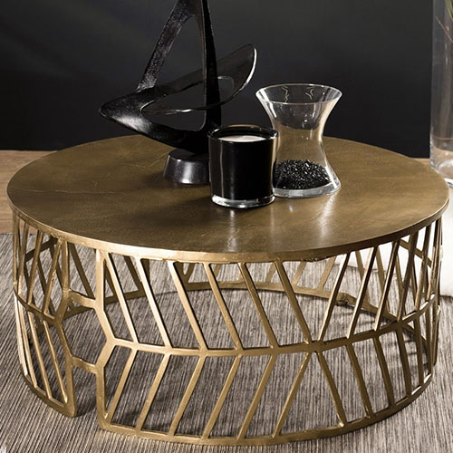 Table basse ronde 89cm en aluminium doré piètement graphique - Collection Johan