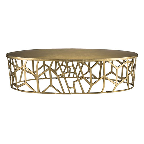 Table basse ovale 150x60cm en aluminium doré piètement graphique - Johan