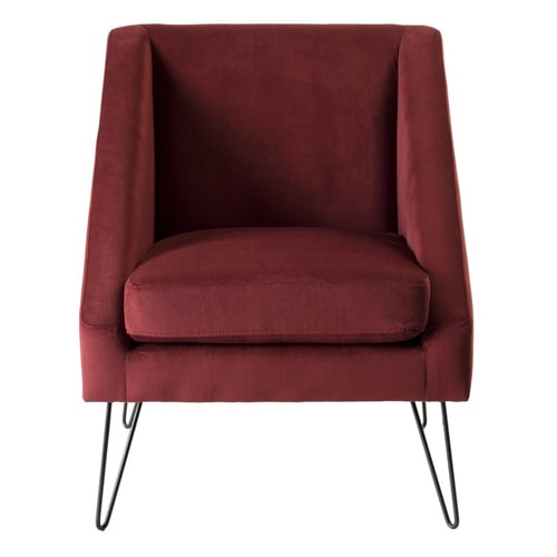 Fauteuil en velours rouge bordeaux piètement épingle en métal noir - Collection Agathe