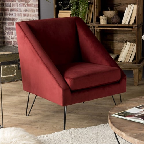 Fauteuil en velours rouge bordeaux piètement épingle en métal noir - Agathe