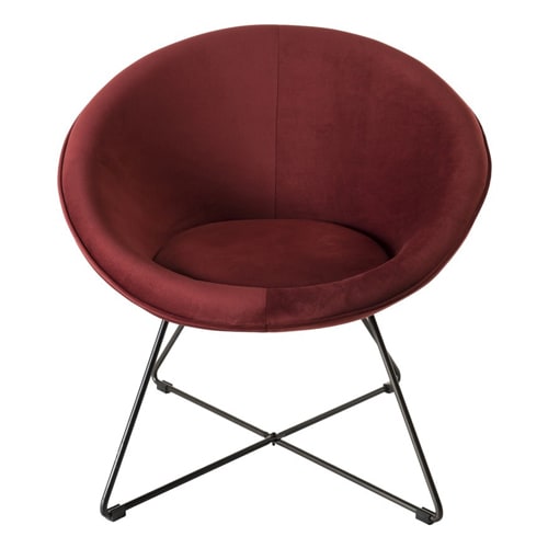 Fauteuil rond en velours bordeaux piètement en métal noir - Collection Agathe