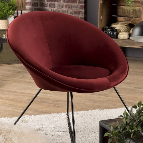 Fauteuil rond en velours bordeaux piètement en métal noir - Collection Agathe