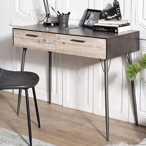 Bureau 2 tiroirs sapin et métal - Carla