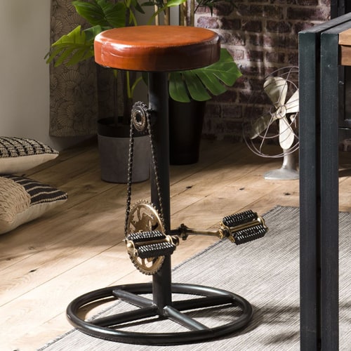 Tabouret de bar industriel en cuir piètement en métal déco pédales de vélo - Collection Romain