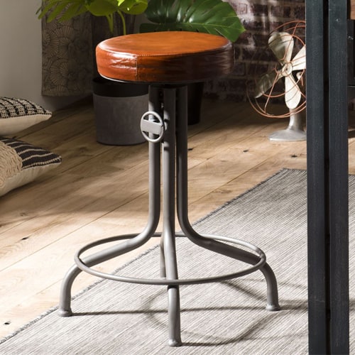 Tabouret industriel en cuir piètement métal hauteur ajustable - Collection Romain