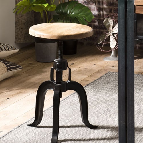 Tabouret industriel en manguier hauteur ajustable piètement métal - Collection Romain