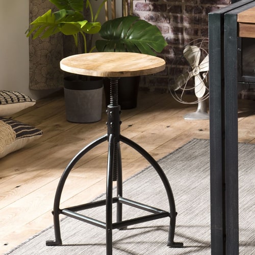Tabouret industriel en manguier hauteur ajustable piètement métal - Collection Romain