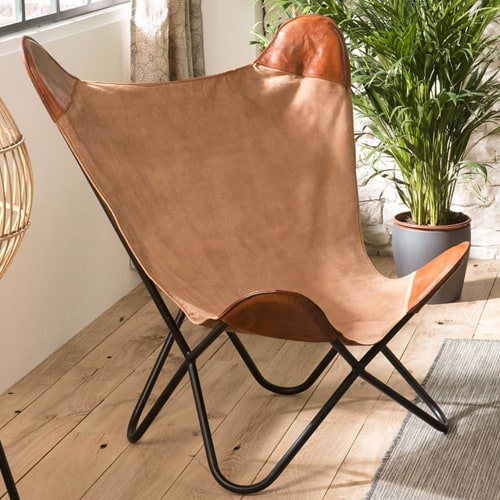 Chaise butterfly en toile et cuir marron - Romain