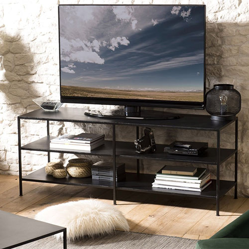 Meuble TV industriel 2 étagères en métal noir - Romain