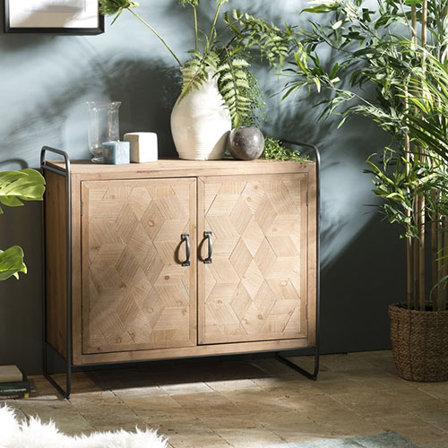 Buffet 2 portes en pin marqueté piètement en métal noir - Helena