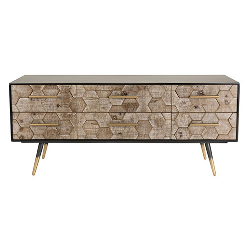 Meuble TV 6 tiroirs scandinave en pin marqueté piètement métal - Collection Dorrie