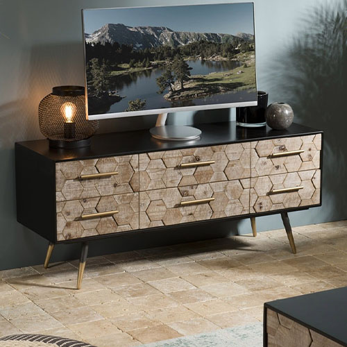 Meuble TV 6 tiroirs scandinave en pin marqueté piètement métal - Collection Dorrie