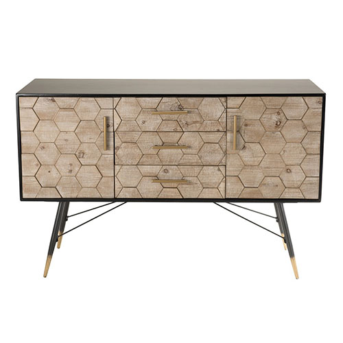 Buffet scandinave 2 portes 3 tiroirs en pin marqueté piètement métal - Collection Dorrie