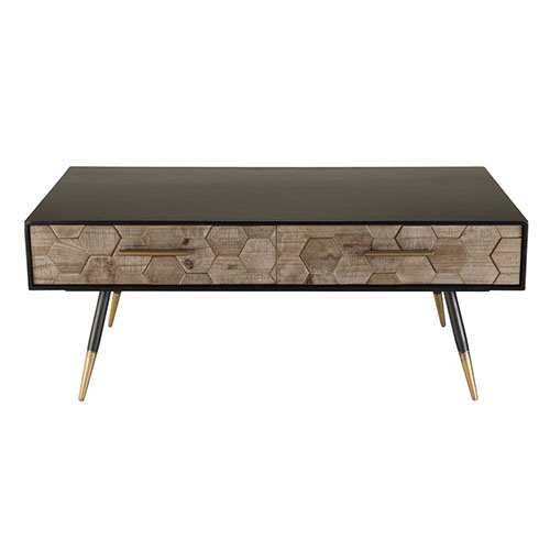 Table basse scandinave 2 tiroirs en pin marqueté piètement métal - Collection Dorrie