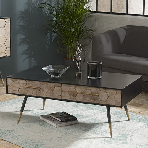 Table basse scandinave 2 tiroirs en pin marqueté piètement métal - Collection Dorrie