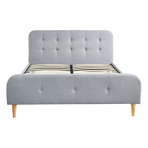 Lit adulte scandinave en tissu gris clair capitonné, sommier à latte, 180x200 - Collection Mark